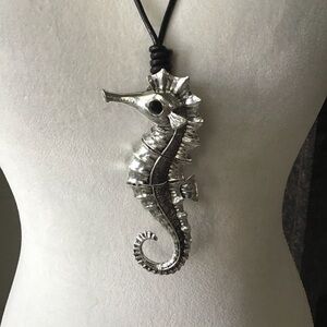 Seahorse Statement Necklace Black Cord Rhinestone Eye Reticulated Florida Beach